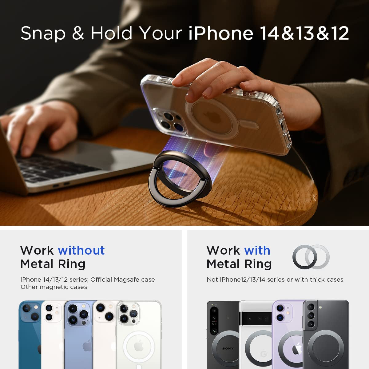 LISEN Magnetic Phone Ring Holder Cell Phone Grip for Back of Phone Gripper Loop Finger Holder Adjustable Kickstand Only for Magsafe Iphone 14 13 13 Pro 13 Mini 13 Pro Max 12 12 Pro 12 Mini - Grey  LISEN   