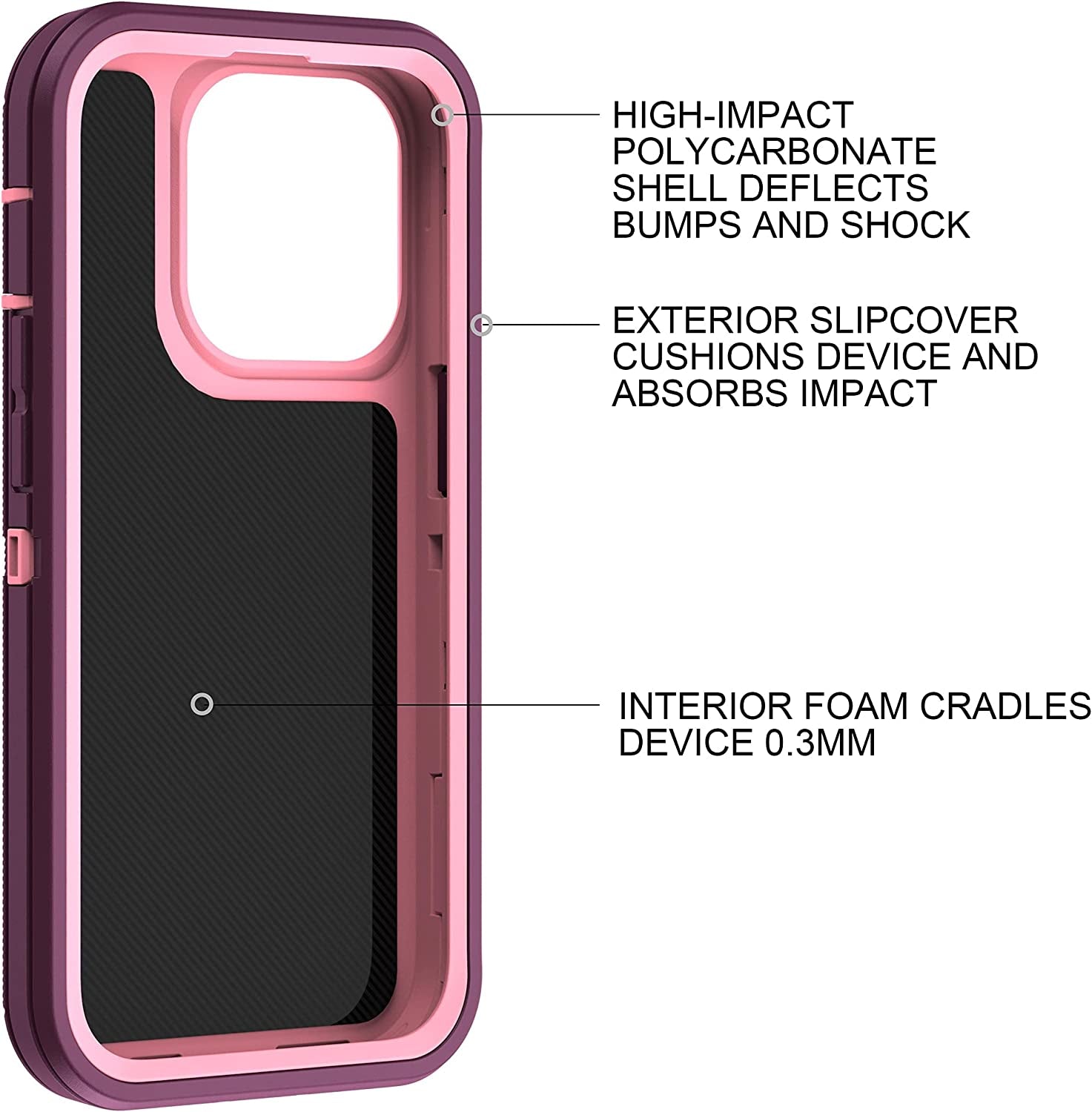 MXX Iphone 14 Pro Heavy Duty Case, 3-Layer Full Body Protection, Tempered Glass and Camera Lens Protector (Plum/Light Pink)  MXx Accessories LLC   