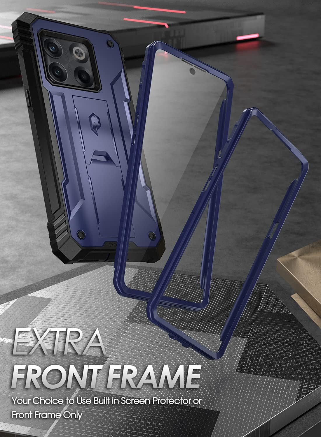 Poetic Revolution Series Designed for Oneplus 10T Case, Full-Body Rugged Dual-Layer Shockproof Protective Cover with Kickstand and Built-In-Screen Protector, Navy Blue  Poetic   