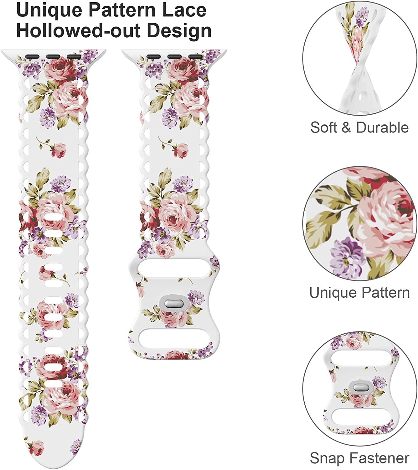 Upfurmach Compatible with Apple Watch Band 41Mm 40Mm 38Mm 49Mm 45Mm 44Mm 42Mm Women Girl, Rose Floral Print Lace Hollow-Out Soft Silicone Sport Bands for Iwatch Ultra SE Series 8 7 6 5 4 3 2 1, Rosb-38  UpfurMach   