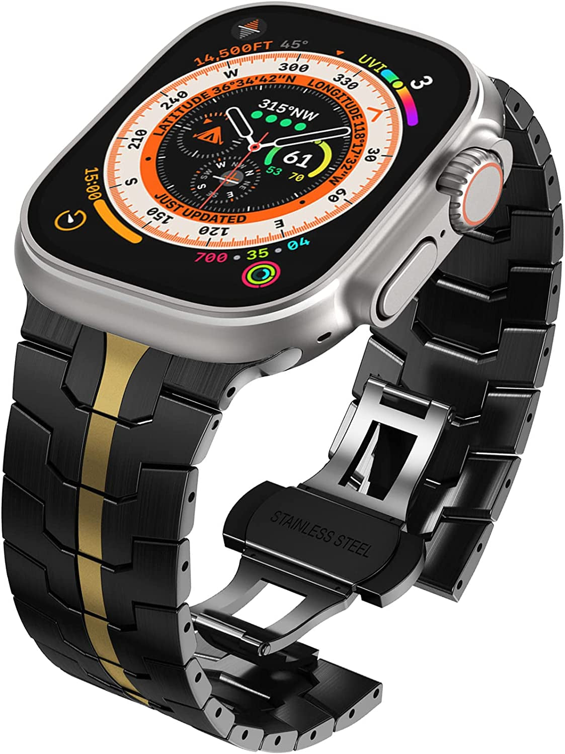 WINGLE Compatible for Apple Watch Ultra Band 49Mm 44Mm 45Mm 42Mm Series 8 7 Men, Stainless Steel Band Metal Strap Wristband for Apple Watch Iwatch Ultra SE 6 5 4 3 2 1 Link Women, Titanium  WINGLE Iron-Black/Gold Ultra 49mm/45mm/44mm/42mm 