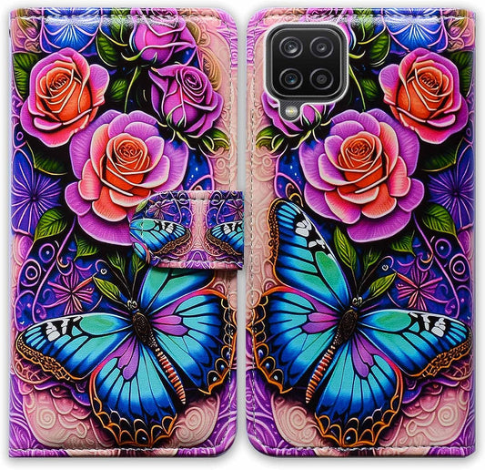 Bcov Galaxy A12 Case,Blue Butterfly Flowers Rose Leather Flip Phone Case Wallet Cover with Card Slot Holder Kickstand for Samsung Galaxy A12  Bcov   