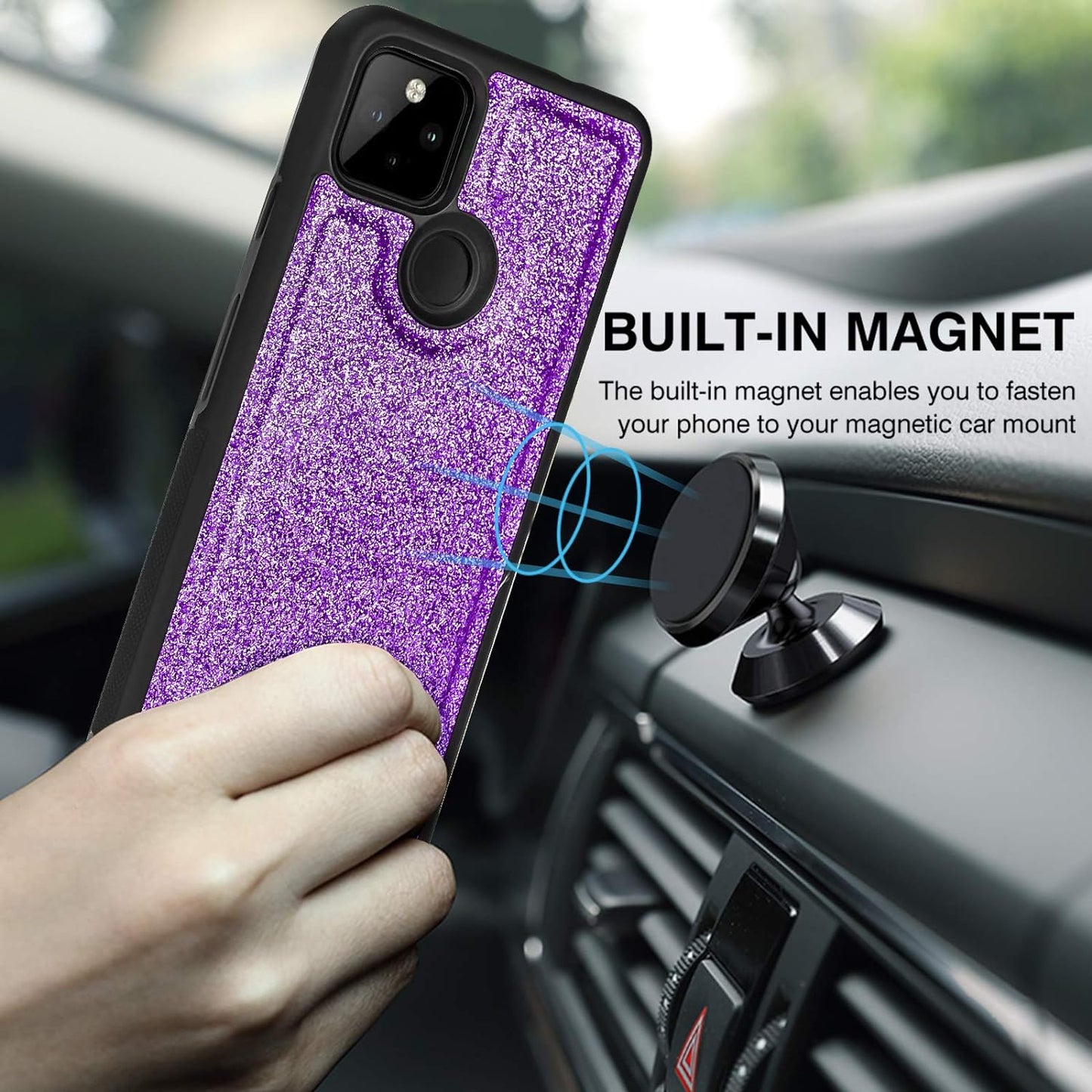 Newseego Compatible Google Pixel 5 Leather Case 6Inch,Glitter Faux PU Leather Magnetic Closure Multi-Credit Card Slot Cash Holder Detachable 2 in 1 Wallet Cover with Wrist Strap-Purple  Newseego   