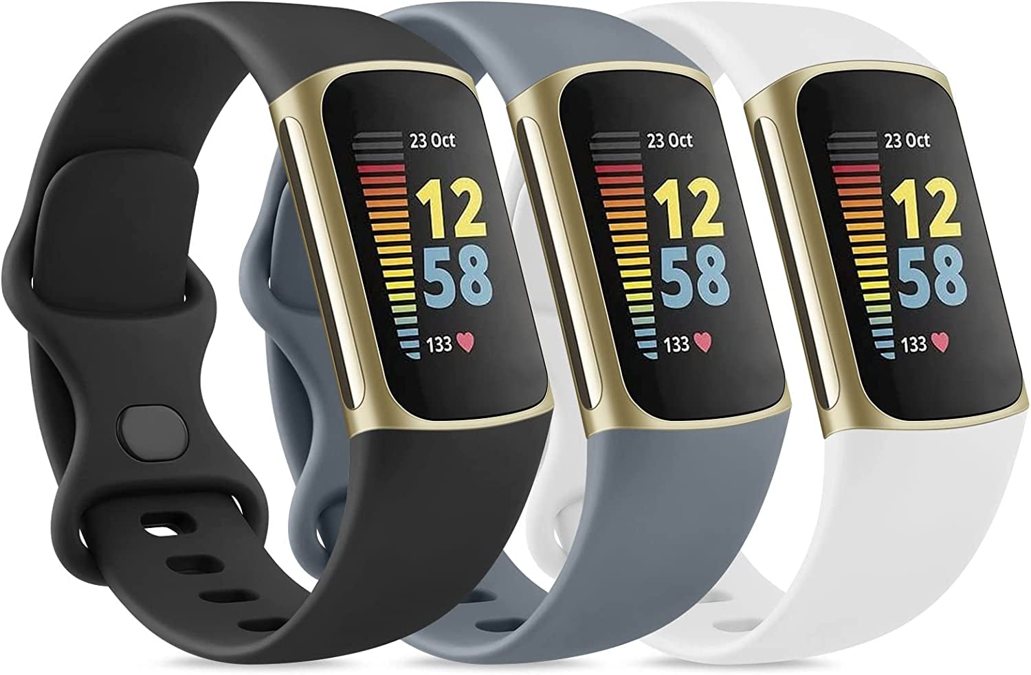 3 Pack Sport Bands Compatible with Fitbit Charge 5 Bands for Women Men, Classic Soft Silicone Replacement Wristbands for Fitbit Charge 5 Fitness Tracker (Small,Rose Gold/Champagne Gold/Wine Red)  AK Black/Blue Gray/White Small 