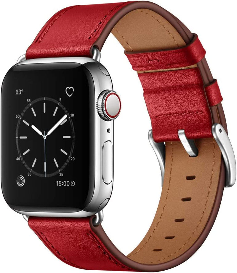 OUHENG Compatible with Apple Watch 49Mm 45Mm 44Mm 42Mm, Genuine Leather Band Replacement Strap Compatible with Apple Watch Ultra Series 8/7/6/5/4/3/2/1/SE2/SE, Black Band with Black Adapter  OUHENG Red/Silver 49mm/45mm/44mm/42mm 