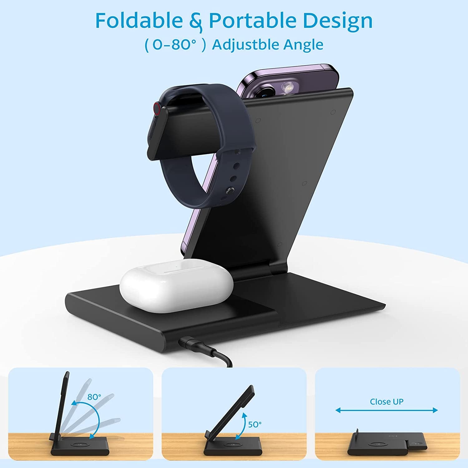 Wireless Charging Station WATOE 3 in 1 Fast Wireless Charger Stand Foldable for Iphone 14/13/12/11 (Pro, Pro Max)/Xs/Xr/X/8 (Plus), Apple Watch Series 8/7/6/SE/5/4/3/2 & Airpods 3/2/Pro with Adapter  Bormmie   