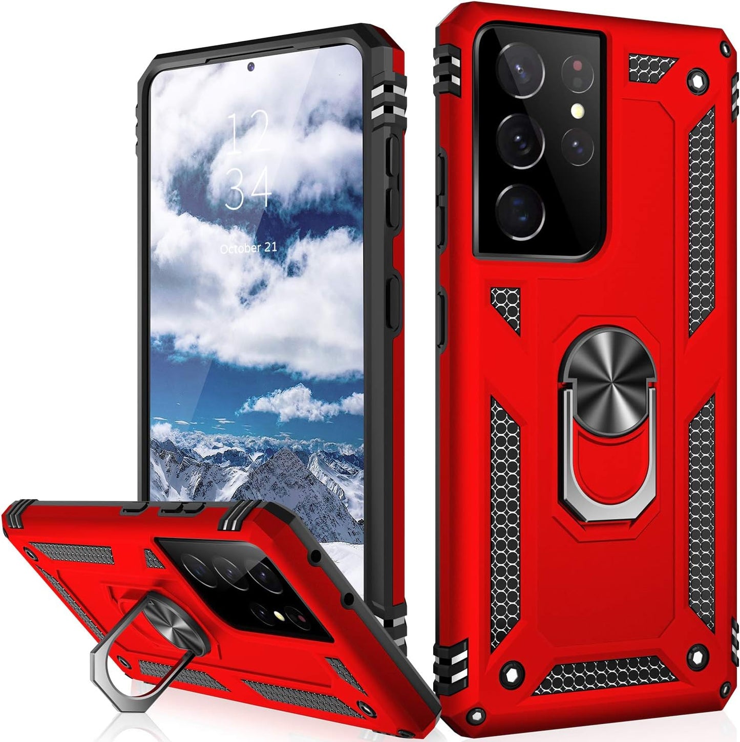 IKAZZ Galaxy S21 Case,Samsung S21 Cover Military Grade Shockproof Heavy Duty Protective Phone Case Pass 16Ft Drop Test with Magnetic Kickstand Car Mount Holder for Samsung Galaxy S21 Black  IKAZZ Red Galaxy S21 Ultra (Large 6.8") 