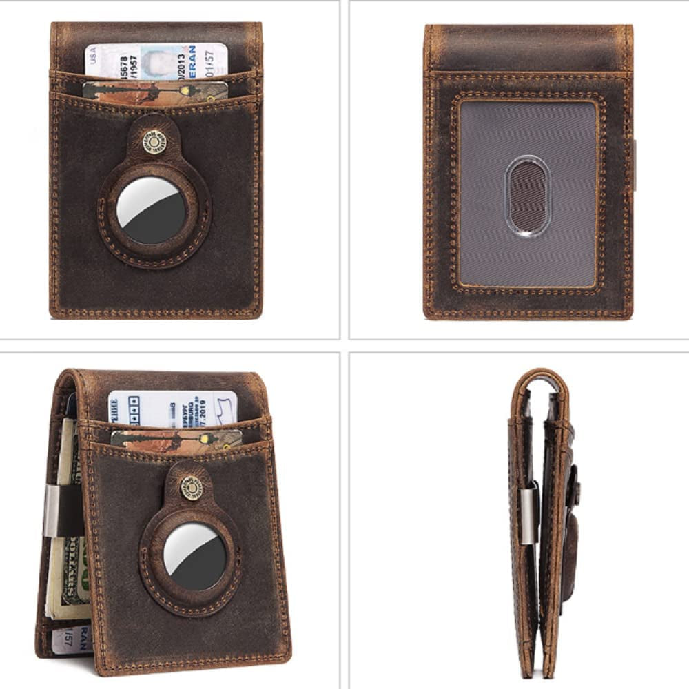 Mens Wallets, Mens Leather Rfid Bifold Wallet with 2 ID Windows, Apple Airtag Wallet Men, Slim Larger Capacity Genuine Leather Money Clip with Gift Box, Fashion Crazy Horse Leather Wallet for Him  AULKZIOV   