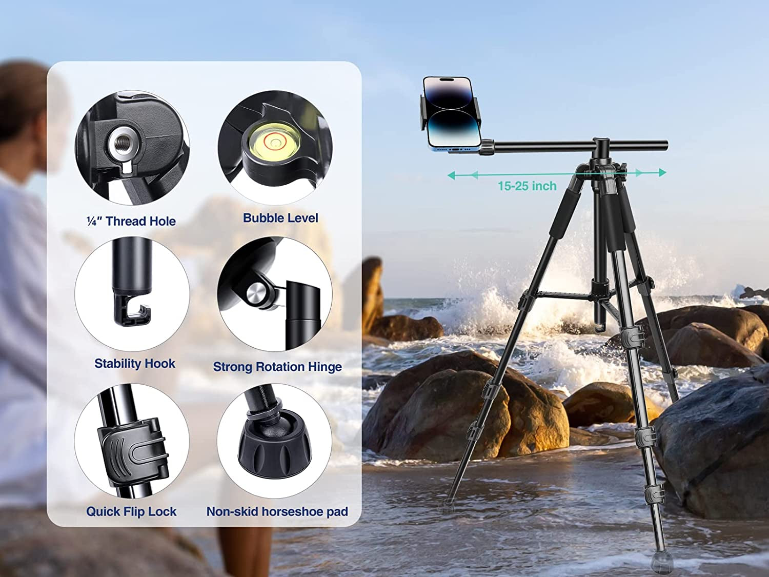 Elitehood Iphone Tripod for Overhead Video Recording [Heavy Duty & Ultra-Stable], 25In Horizontal Long Extendable Boom, 360° Rotation Iphone Tripod Stand with Remote, Vertical 71" Tall Phone Tripod  elitehood   