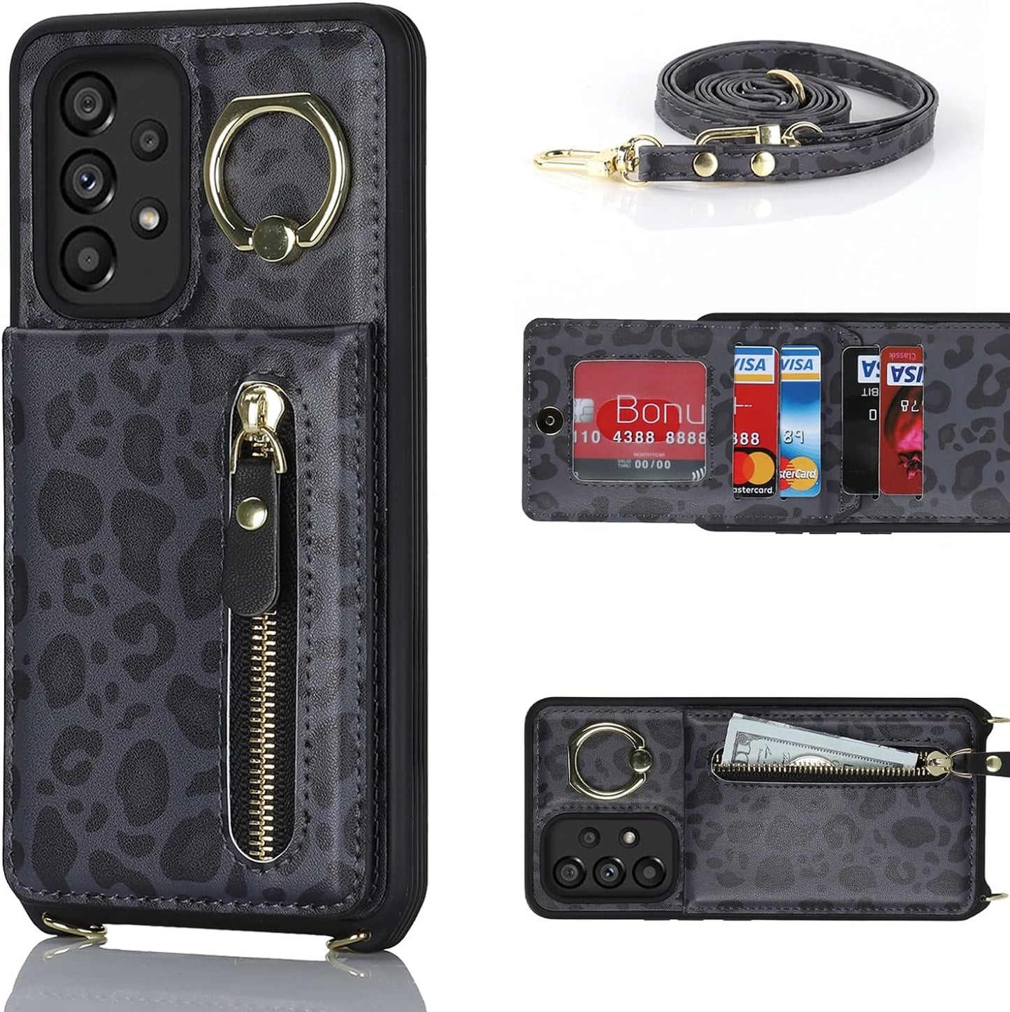 Jaorty Samsung Galaxy A53 5G Phone Case for Women with Card Holder,Samsung A53 Case Wallet Crossbody Lanyard with Strap,Credit Card Slots Kickstand Case with Ring Holder,6.5 Inch,Black Leopard  Jaorty   