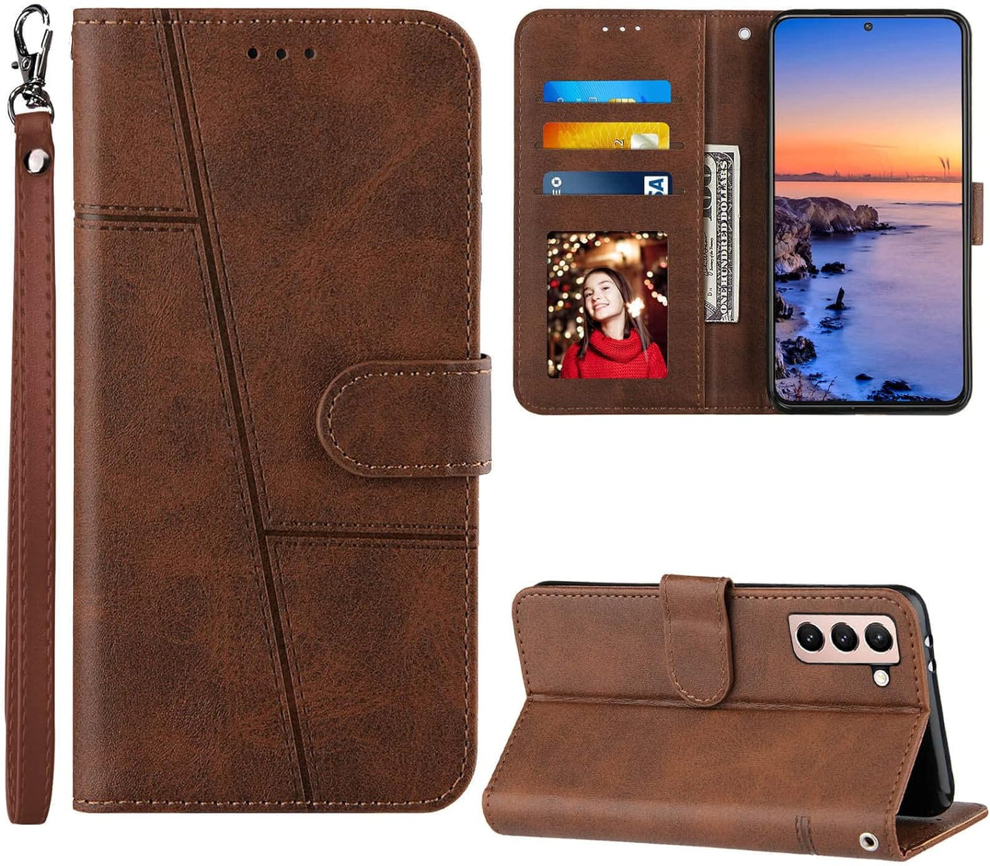 Jancalm S21 Case Wallet 2022, for Galaxy S21 Case,[Wrist Strap][Card Holder Slots][Kickstand] Premium PU Leather S21 Phone Case Flip Cover Magnetic Protective for Samsung Galaxy S21 5G (Black)  JanCalm Brown  