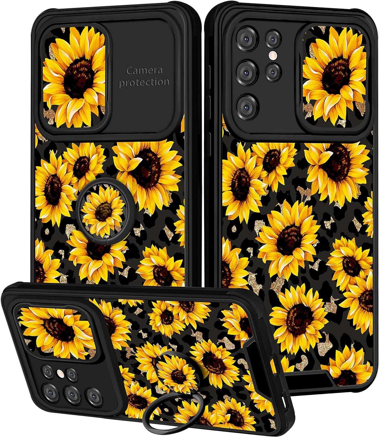 Goocrux for Samsung Galaxy S21 Ultra Case Floral Flowers for Women Girls Cute Girly Phone Cover Blue Flower Plants Design with Slide Camera Cover and Ring Holder Fashion Cases for S21 Ultra 6.8''  Goocrux Sunflower Leopard  