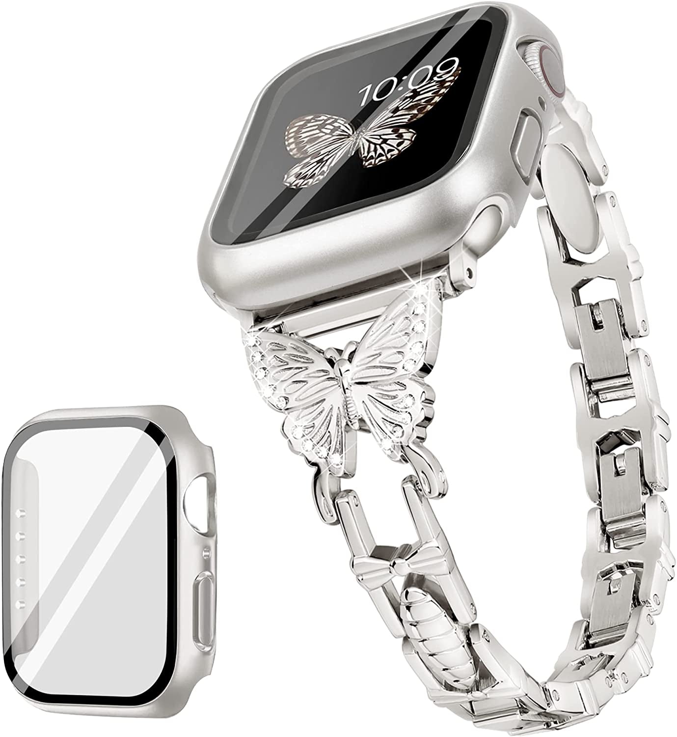 Wipalor Compatible with Apple Watch Band 42Mm 44Mm 45Mm 49Mm, Lightweight for Women, Easy Adjustable Bracelet, Shiny Diamond on Butterfly, Jewelry Metal Strap for Iwatch Series 8 7 6 5 4 3 2 1 SE Ultra(Rose Gold)  NB-tech Company Trendy Case&Silver Band Case+Band 45mm 