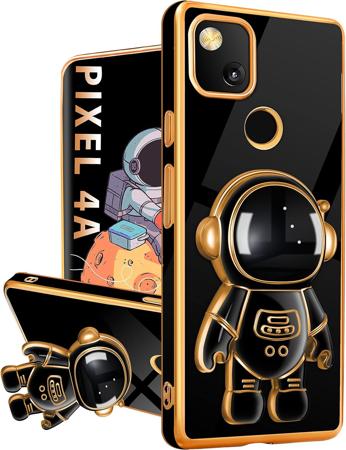 Buleens for Google Pixel 4A Case with Astronaut Stand, Women Girls Pixel 4A Cases, Girly Cute 6D Outer Space Heart Pattern Phone Cover for Google Pixel 4A(Not Fit 5G) 5.8 Inch (White)  Buleens For Google Pixel 4A-Black  