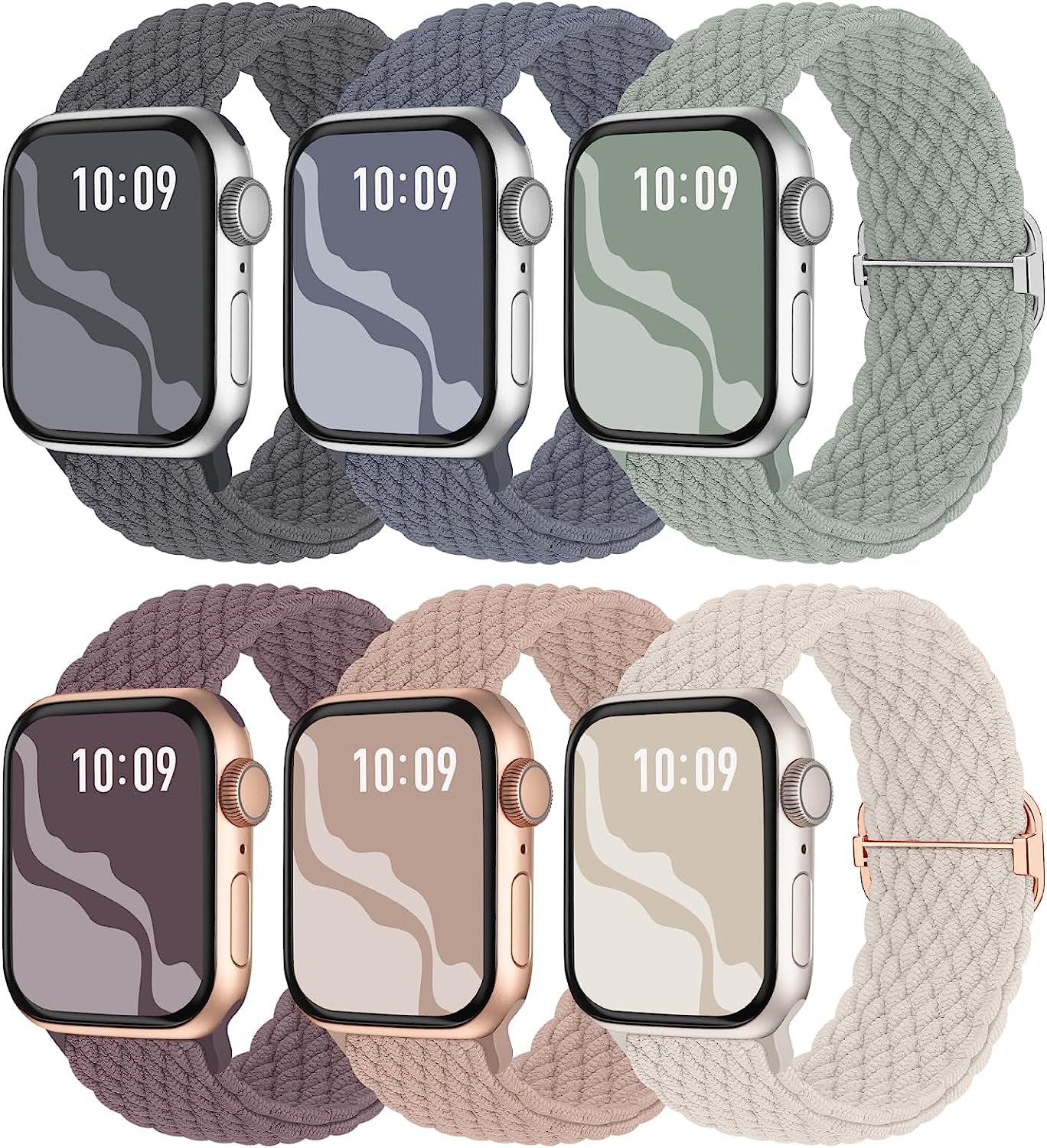 6 Pack Braided Solo Loop Compatible with Apple Watch Band 38Mm 40Mm 41Mm 42Mm 44Mm 45Mm 49Mm for Women Men, Stretchy Nylon Elastic Straps Wristbands for Iwatch Series Ultra SE 8 7 6 5 4 3 2 1  Suitisbest SmokeVioket/NudePink/BlueGrey/LightGreen/Starlight 38/40/41mm 