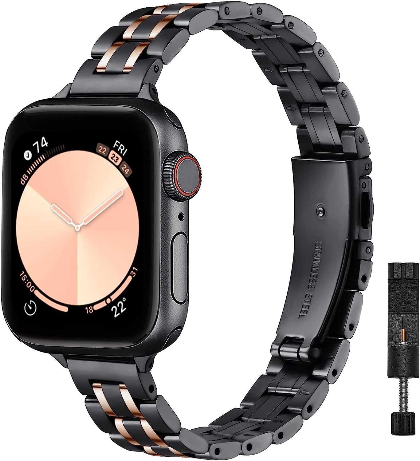 STIROLL Thin Replacement Band Compatible for Apple Watch 38Mm 40Mm 41Mm 42Mm 44Mm 45Mm 49Mm, Stainless Steel Metal Wristband Women Men for Iwatch Ultra SE Series 8/7/6/5/4/3/2/1(Silver+Rose Gold)  STIROLL Black Rose Gold 42mm/44mm/45mm/49mm 