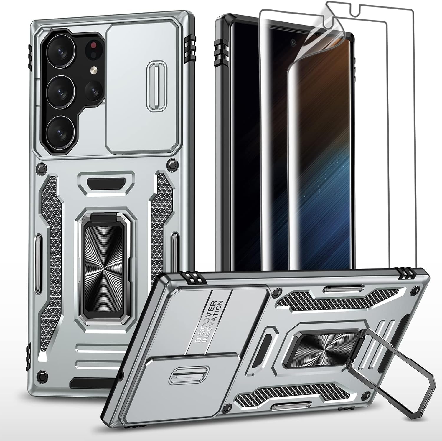 THMEIRA Samsung Galaxy S21 Ultra Case, Armor Phone Case for Samsung S21 Ultra with Screen Protector [Soft 2 Pcs] with Camera Cover, Galaxy S21 Ultra Magnetic Ring Case Anti-Fall Drop Protection, Black  THMEIRA Gray Samsung Galaxy S23 Ultra Case 