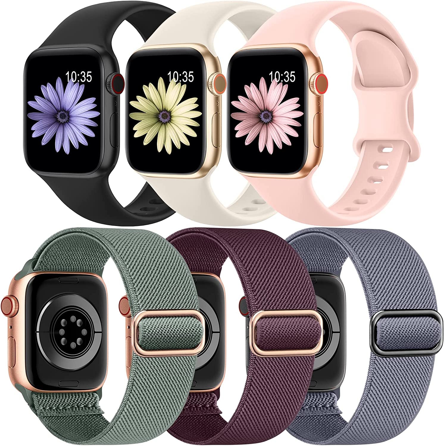 6 Pack Bands Compatible with Apple Watch Band 38Mm 40Mm 41Mm 42Mm 44Mm 45Mm 49Mm-3Pack Soft Silicone Strap, 3Pack Elastic Sport Wristbands for Iwatch Series Ultra 8 7 6 5 4 3 2 1 SE Women Men  iFuntec Color Combination 4 42/44/45/49mm 