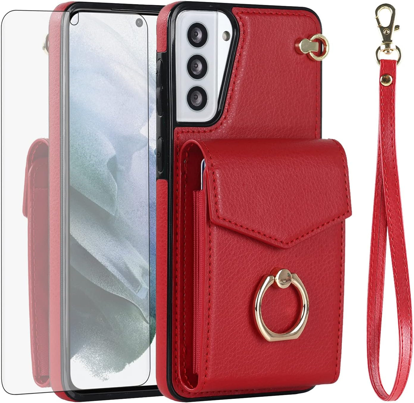 Asuwish Phone Case for Samsung Galaxy S21 plus S21+ 5G Wallet Cover with Tempered Glass Screen Protector and RFID Blocking Ring Credit Card Holder Cell S21+5G S21Plus 21S + S 21 21+ G5 Women Rose Gold  Asuwish Red For S21 Plus / S21 Plus 5G 