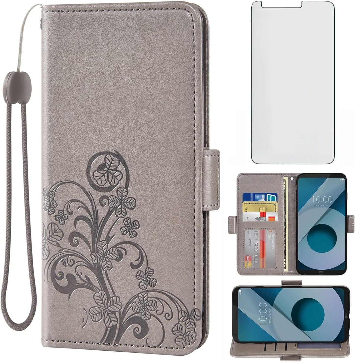 Asuwish Compatible with LG Q6/Q6 Plus/Q6 Mini Wallet Case and Tempered Glass Screen Protector Flip Purse Accessories Wrist Strap Credit Card Holder Cell Phone Cover for Q6+ Alpha Prime Women Men Blue  Asuwish Gray  