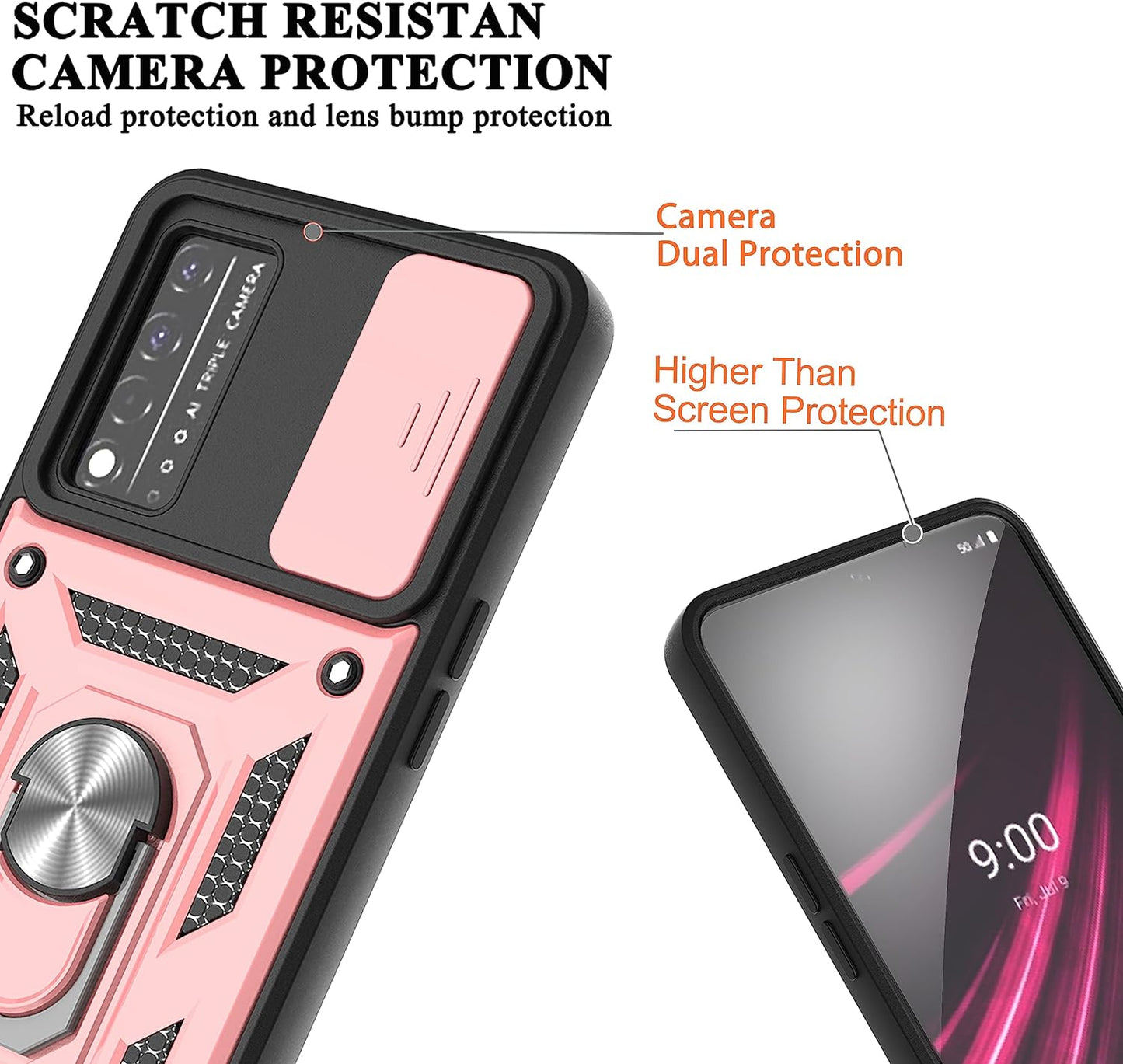 Ymhxcy for T-Mobile Revvl V plus 5G Case with Slide Camera Cover and [2 Pack] HD Screen Protector, Heavy Duty Shockproof Protective Case with Magnetic Metal Stand for Revvl V plus 5G-SJ Rose Gold  YmhxcY   