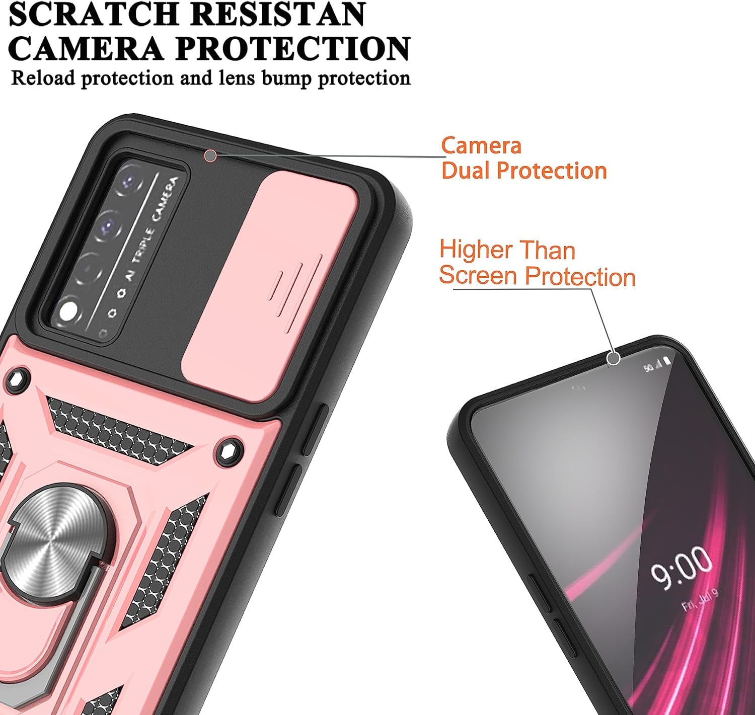 Ymhxcy for T-Mobile Revvl V plus 5G Case with Slide Camera Cover and [2 Pack] HD Screen Protector, Heavy Duty Shockproof Protective Case with Magnetic Metal Stand for Revvl V plus 5G-SJ Rose Gold  YmhxcY   