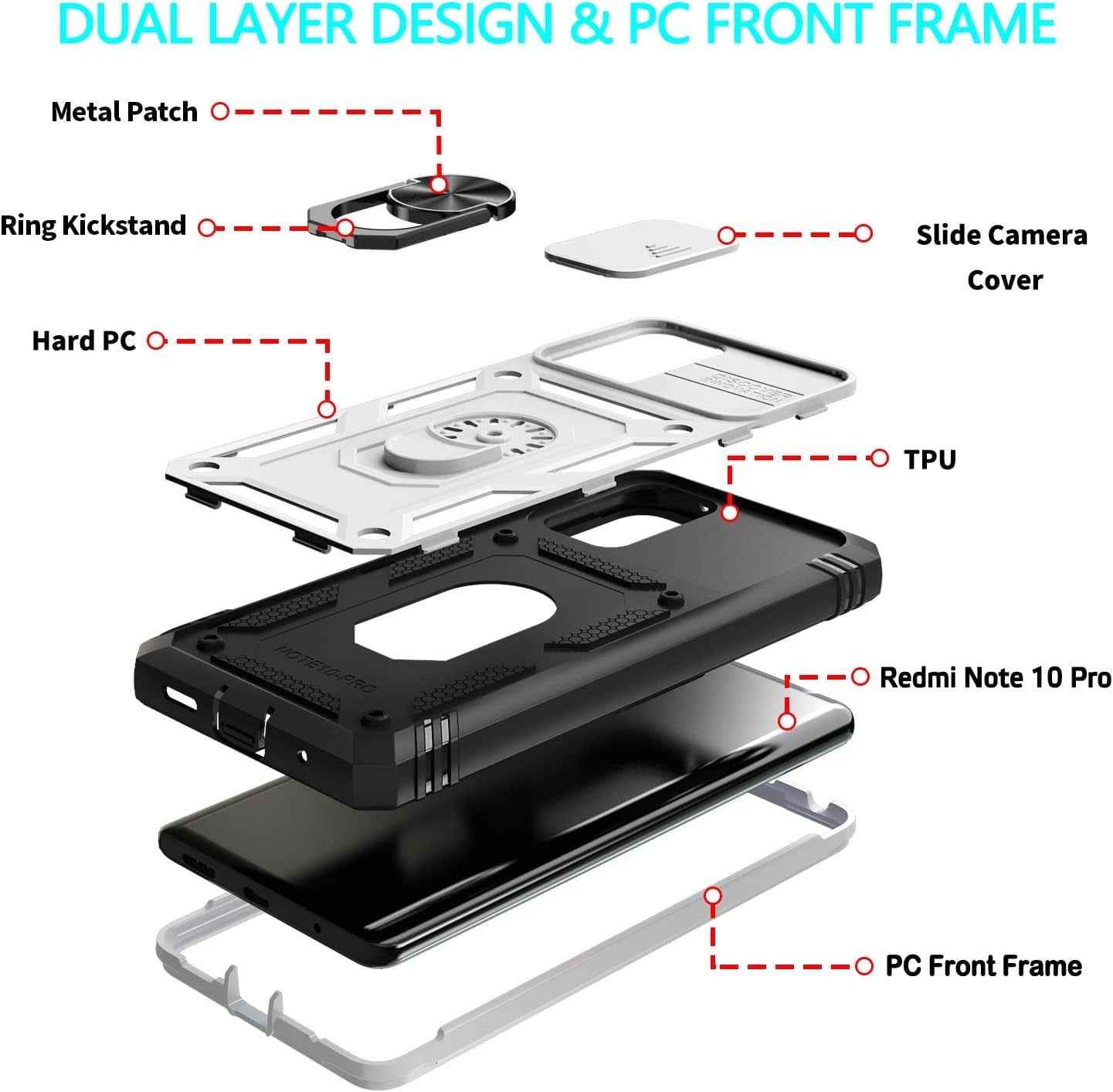 Xiaomi Redmi Note 10 Pro Case, Redmi Note 10 Pro MAX Case with 3 Pcs Tempered Glass Screen Protector Built in Ring Stand Kickstand + Camera Cover, Hard PC Soft TPU Defender Full Body Armor Case -White  ANOUKE   