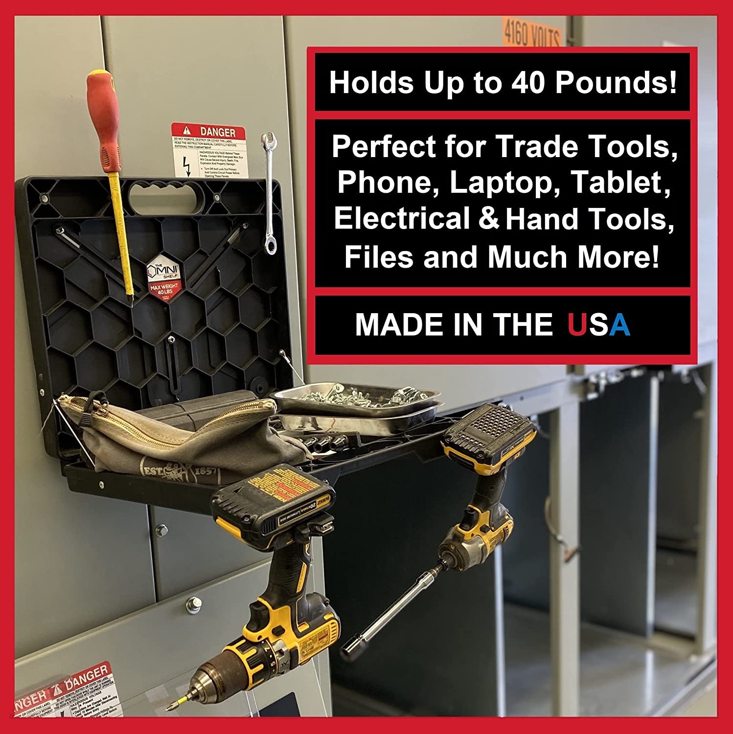 The Omnishelf Magnetic Portable Workstation + Toolbox, Computer & Laptop Stand, Multimeter Case, Utility Shelf W/ 40 Lb Capacity, Hands Free Workstation Attaches to HVAC, Truck, Cabinet, Etc (Magnets)  OmniShelf LLC   