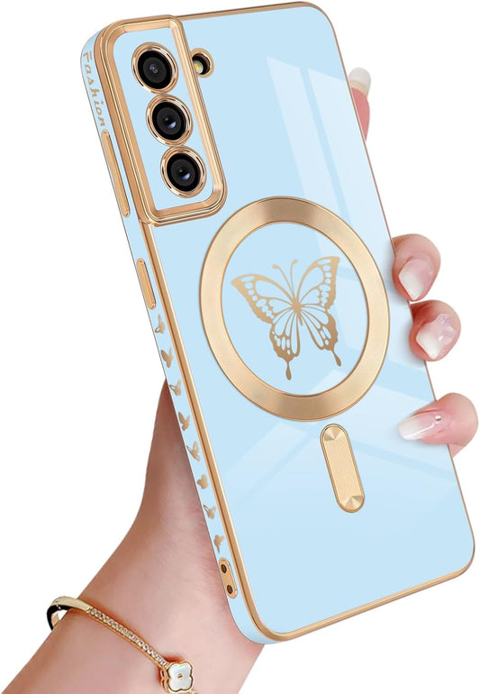 Newseego for Samsung Galaxy S21 5G Magnetic Case, Cute Butterfly Plating Edge Case with Magsafe for Women Girls Men Soft TPU Bumper Shockproof Camera Protective Cover for Samsung Galaxy S21-Blue  Newseego   