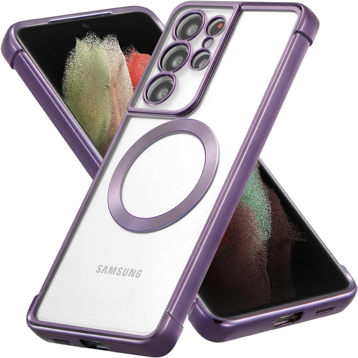 RALEAVO Magnetic Case for Samsung Galaxy S21 Ultra Clear Case Cover [Compatible with Magsafe & Military Grade Drop Protection] Transparent Shockproof Slim Plated Phone Case - Gold  RALEAVO Purple  