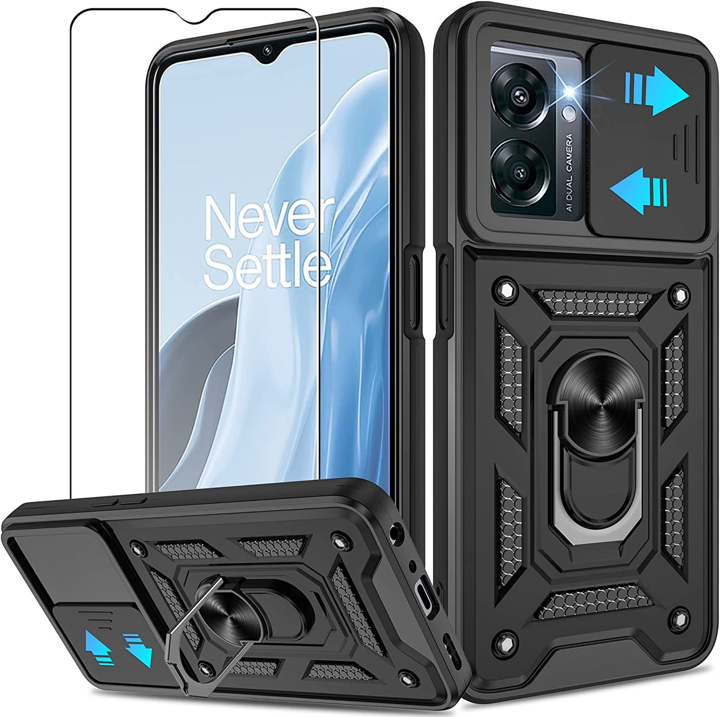 ATUMP for Oneplus Nord N300 5G Case with HD Screen Protector, Heavy Duty Shockproof with 360° Rotation Metal Kickstand [Military Grade] Protective Case for Oneplus Nord N300 5G, Black  Atump   