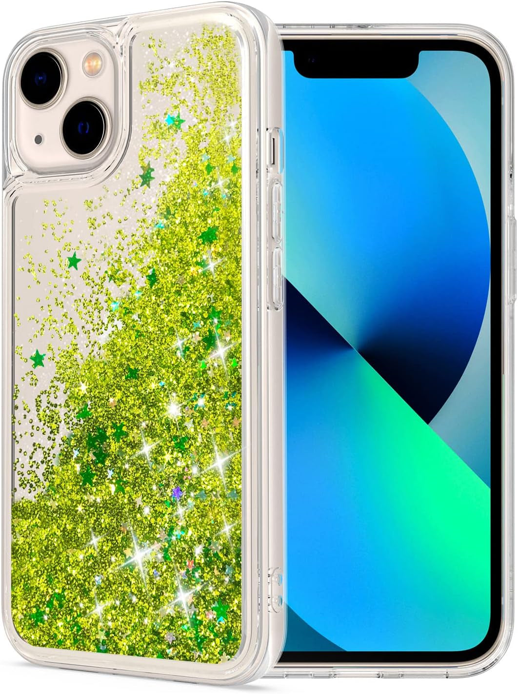 WORLDMOM Compatible with Iphone 13 Case,Clear Bling Flowing Liquid Floating Sparkle Colorful Glitter Waterfall TPU Protective Phone Case Compatible with Iphone 13 [6.1 Inch 2021], Silver  WORLDMOM Green  
