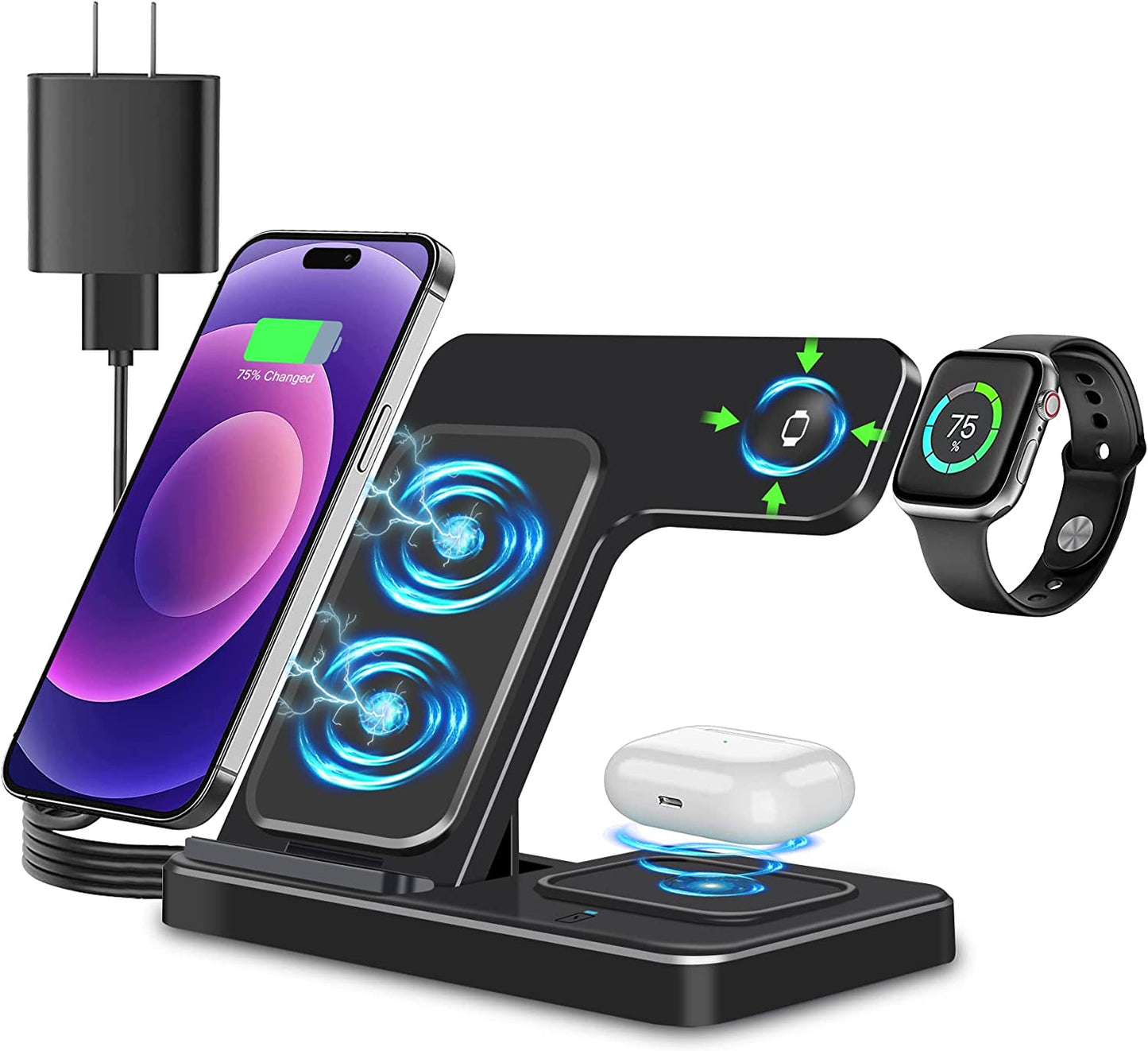 Wireless Charging Station Apple 3-In-1: Fast Wireless Charger Stand for Iphone 14 13 12 11 Pro Max XS XR X 8 plus Charging Station for Apple Watch 8 7 6 5 4 3 2 SE for Airpods 3 2 Pro 3 in 1 Black  GETPALS Wireless Charging Station for Apple   