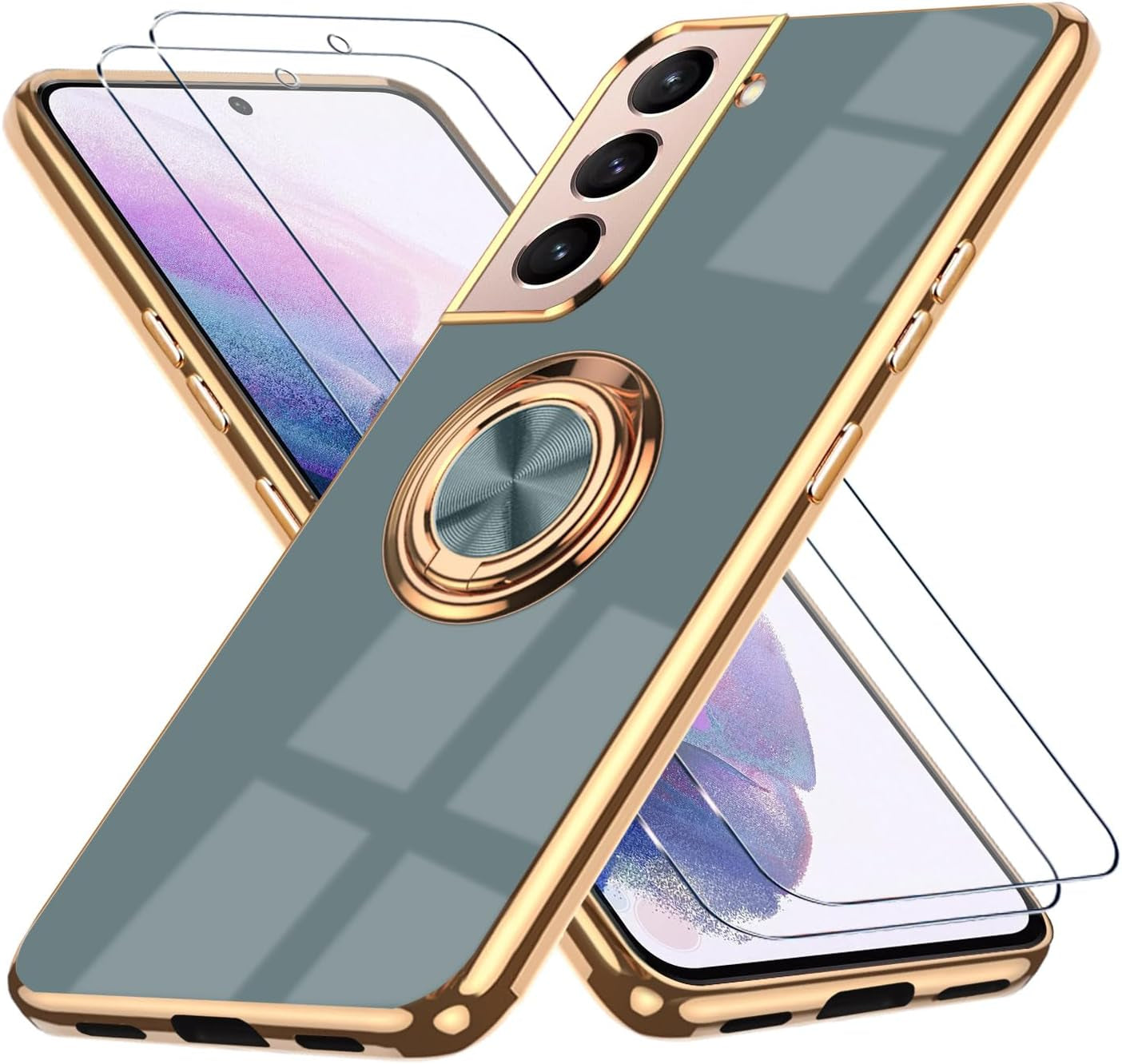 ZOEVEES for Samsung Galaxy S21 plus 5G Case, with 2 Screen Protector, Built-In 360° Ring Holder Magnetic Stand, Luxury Electroplated Plating Edge Shockproof Protective Phone Cover, Gray  ZOEVEES   