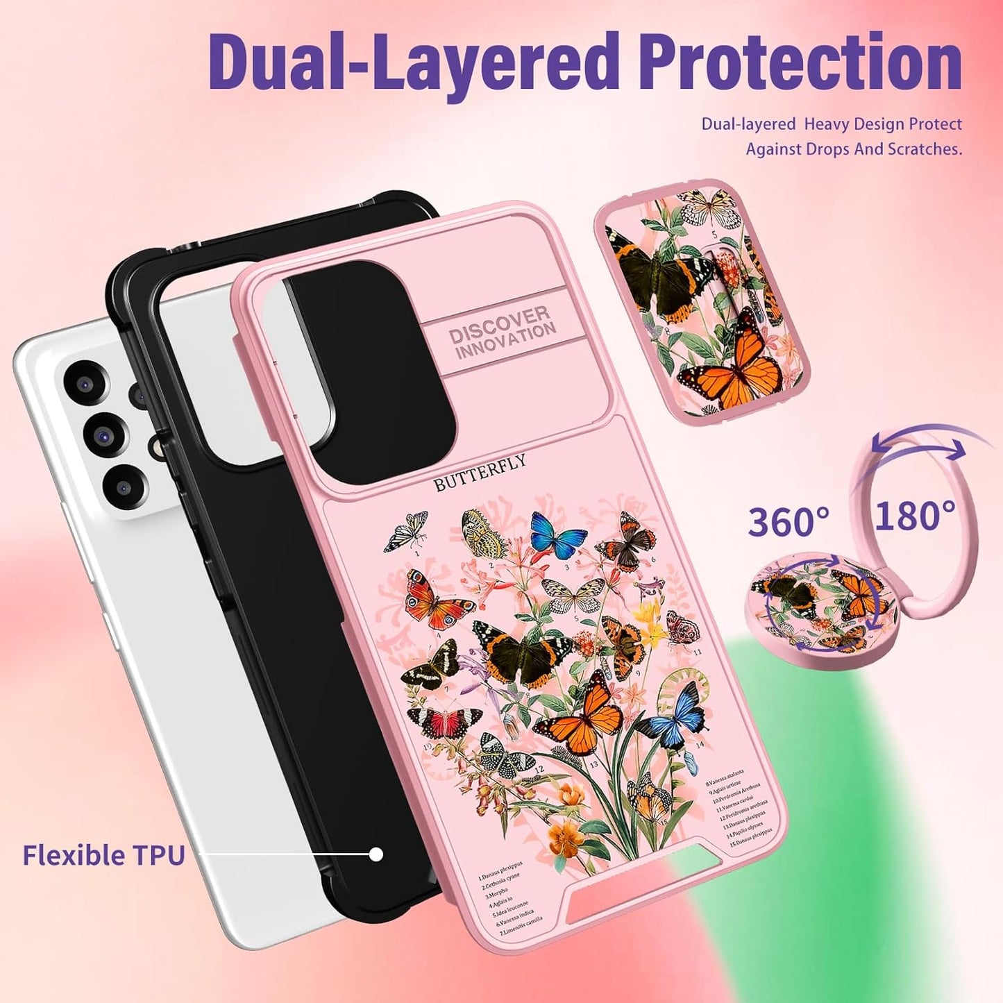 Funermei (2In1 for Samsung Galaxy A53 5G Phone Case for Women Cute Girls Cover Butterfly Girly Kawaii Aesthetic Butterfly Design with Camera Cover and Ring Stand Funda for Samsung A53 5G Case  Funermei   