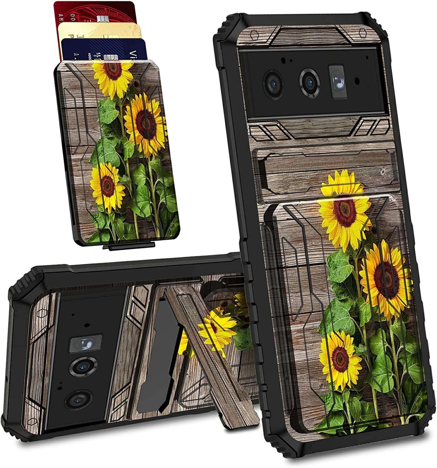 Case for Goole Pixel 6 Pro with Detachable Card Holder Slot Kickstand Hybrid Dual Layer Heavy Duty Shockproof Cover Hidden ID Cash Credit Wallet Case for Google Pixel 6 Pro 5G, Plank Sunflower  BVDIKMI   