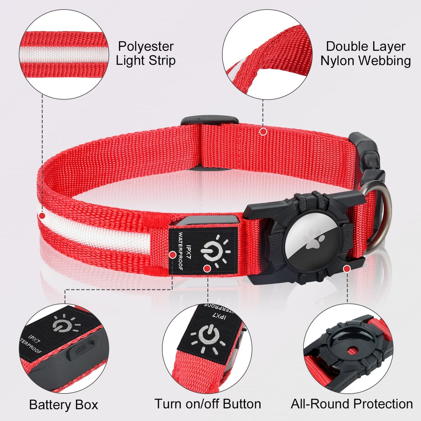 Joytale LED Airtag Dog Collar[100% IPX7 Waterproof], Light up Night Safety Pet Collars for Air Tag, USB C Rechargeable Lighted Glow Nylon Collar with Airtag Holder Case for Large Dogs, Red  Joytale   