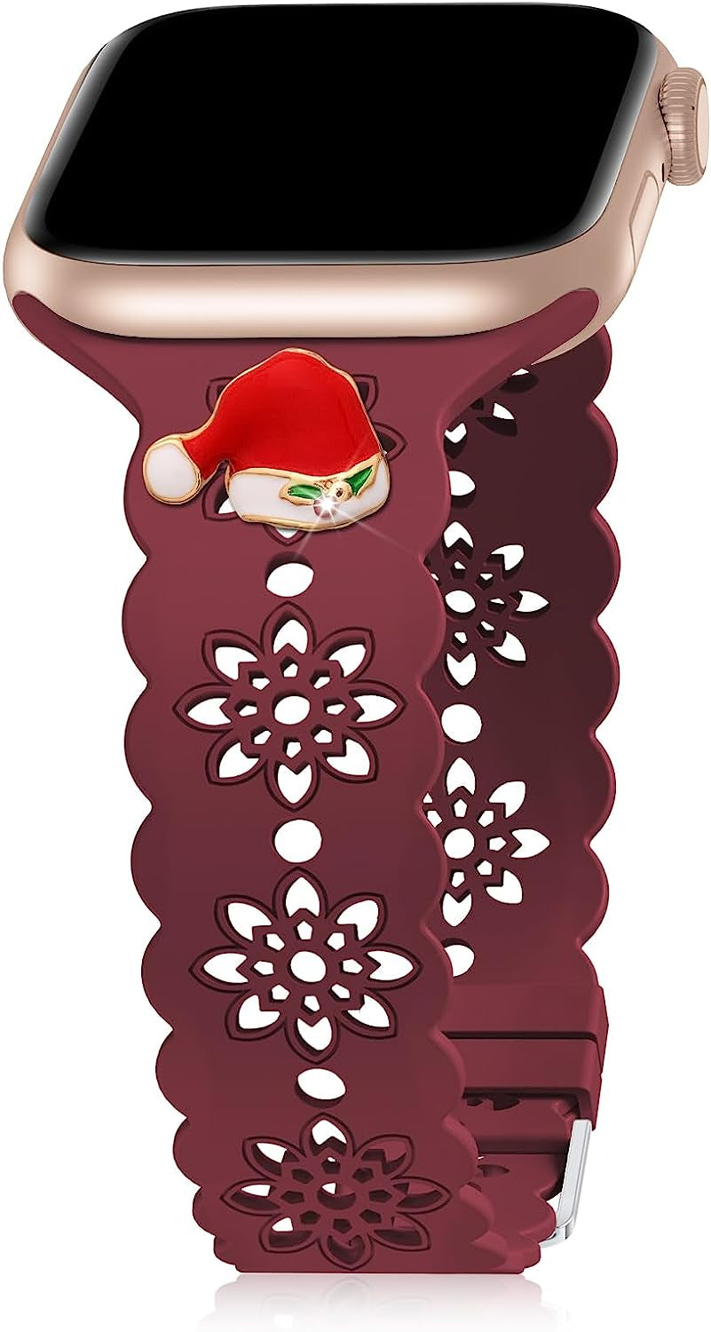 Floral Silicone Band Compatible with Apple Watch Bands 38Mm 40Mm 42Mm 44Mm 41Mm 45Mm 49Mm Women Men, Slim Hollow-Out Design Wristbands Soft Sport Breathable Watch Bands for Iwatch Ultra SE Series 8/7/6/5/4/3/2/1  Wewatri Wine Red with Christmas Hat Charms 42mm/44mm/45mm/49mm 