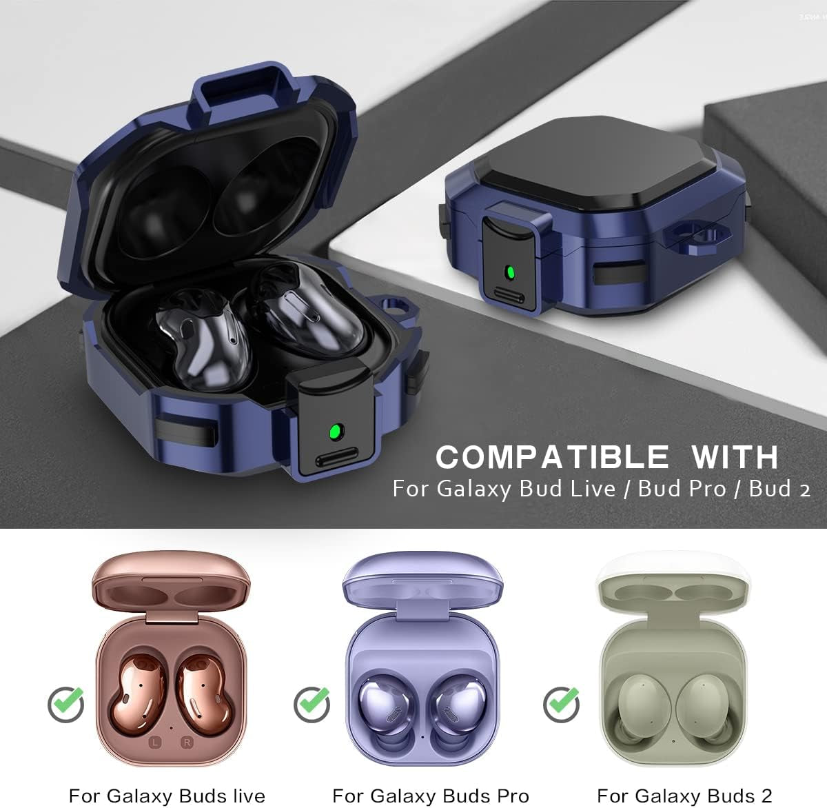 With Lockarmor Cover for Galaxy Buds Pro Case/Galaxy Buds 2 Case/Galaxy Buds Live Case,Shockproof PC+TPU Protective Cover with Keychain&Wrist Strap&Brush(Blue)  YIPINJIA   