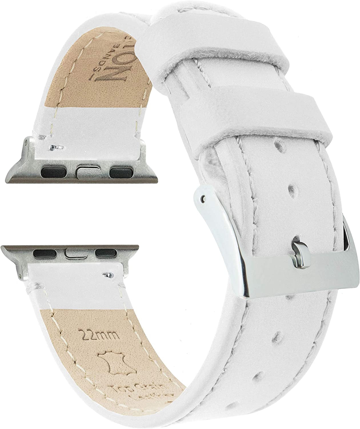 BARTON Top Grain Leather Watch Bands Compatible with All Apple Watch Models - Series 8, 7, 6, 5, 4, 3, 2, 1, SE & Ultra - Size 38Mm, 40Mm, 41Mm, 42Mm, 44Mm, 45Mm or 49Mm  Barton Watch Bands White Leather & Stitching Large Apple Watch (42mm/44mm/45mm/49mm) 