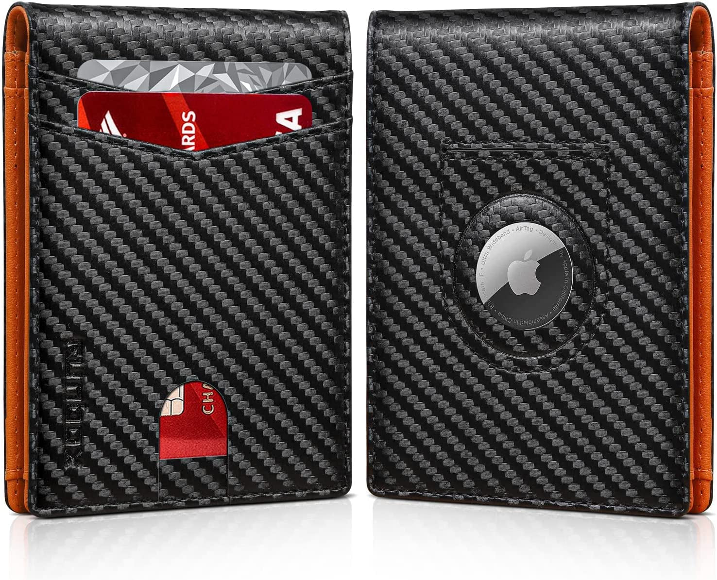 RUNBOX Airtag Wallet for Men-Mens Wallets with Slim Bifold-Air Tag Holder-Rfid Blocking Wallet-Id Window 12 Cards Gift for Men  RUNBOX Carbon Black n Orange  