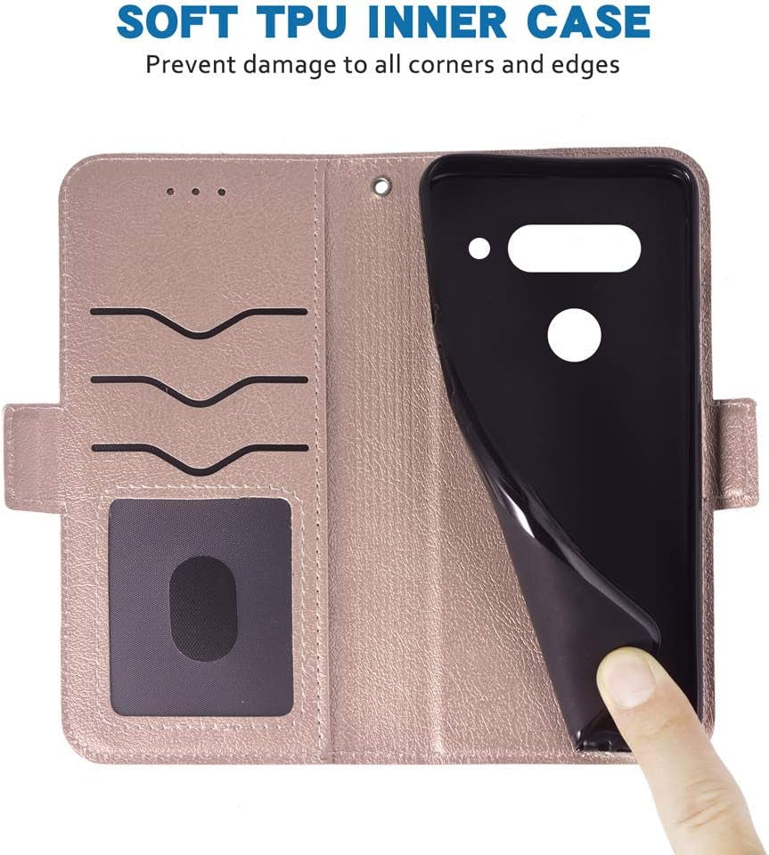 Phone Case for LG V40 Thinq Folio Flip Wallet Case,Pu Leather Credit Card Holder Slots Full Body Protection Kickstand Hard Hybrid Protective Phone Cover for LGV40 Storm V 40 Thin Q V40Thinq Rose Gold  WWAAYSSXA   