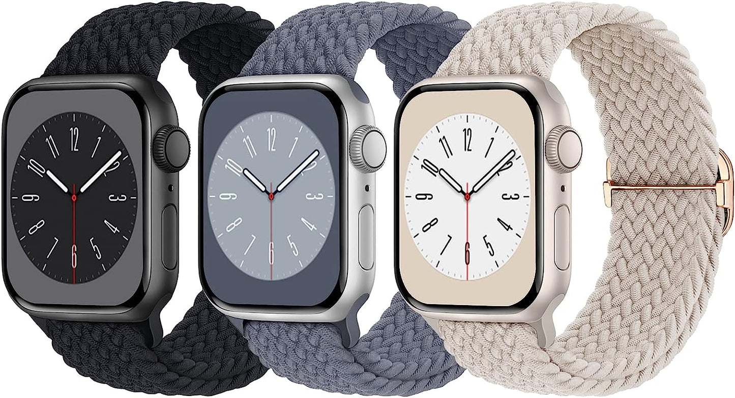 3 Pack Braided Solo Loop Compatible with Apple Watch Band 38Mm 40Mm 41Mm 42Mm 44Mm 45Mm 49Mm for Women Men, Stretchy Straps Elastic Sport Wristbands for Iwatch Series 8 7 6 5 4 3 2 1 SE Ultra  Butifacion Black/Starlight/BlueGrey 42/44/45/49mm 