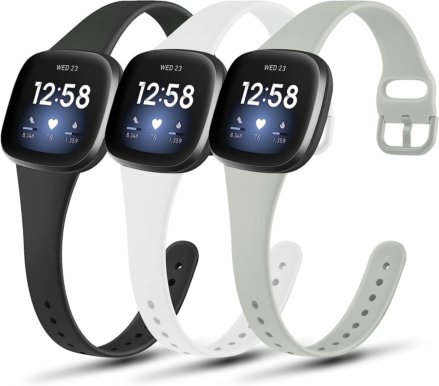 3 Pack Slim Soft Silicone Bands Compatible with Fitbit Versa 4 & Versa 3 Bands and Fitbit Sense 2 & Sense Bands for Women Men, Sports Wristbands Replacement Straps for Fitbit Versa 4 & 3 / Fitbit Sense 2 & Sense Smart Watch  AK Black/Gray/White  