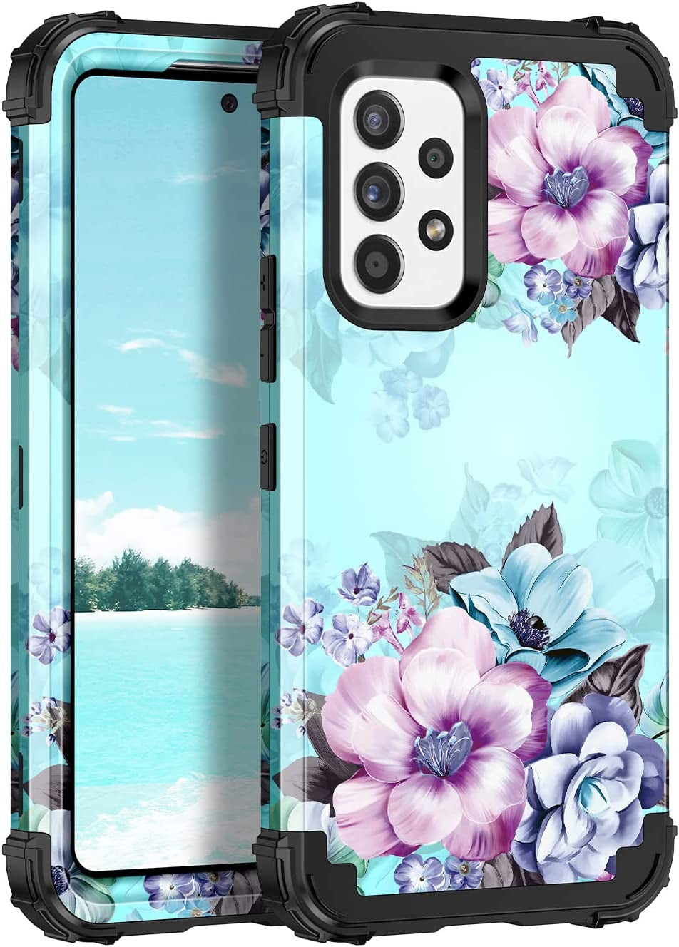 Casetego Compatible with Galaxy A53 5G Case,Floral Three Layer Heavy Duty Sturdy Shockproof Full Body Protective Cover Case for Samsung Galaxy A53 5G,Blue Flower  Casetego   