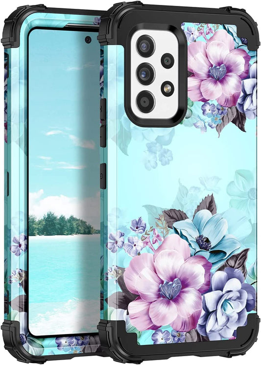 Casetego Compatible with Galaxy A53 5G Case,Floral Three Layer Heavy Duty Sturdy Shockproof Full Body Protective Cover Case for Samsung Galaxy A53 5G,Blue Flower  Casetego   