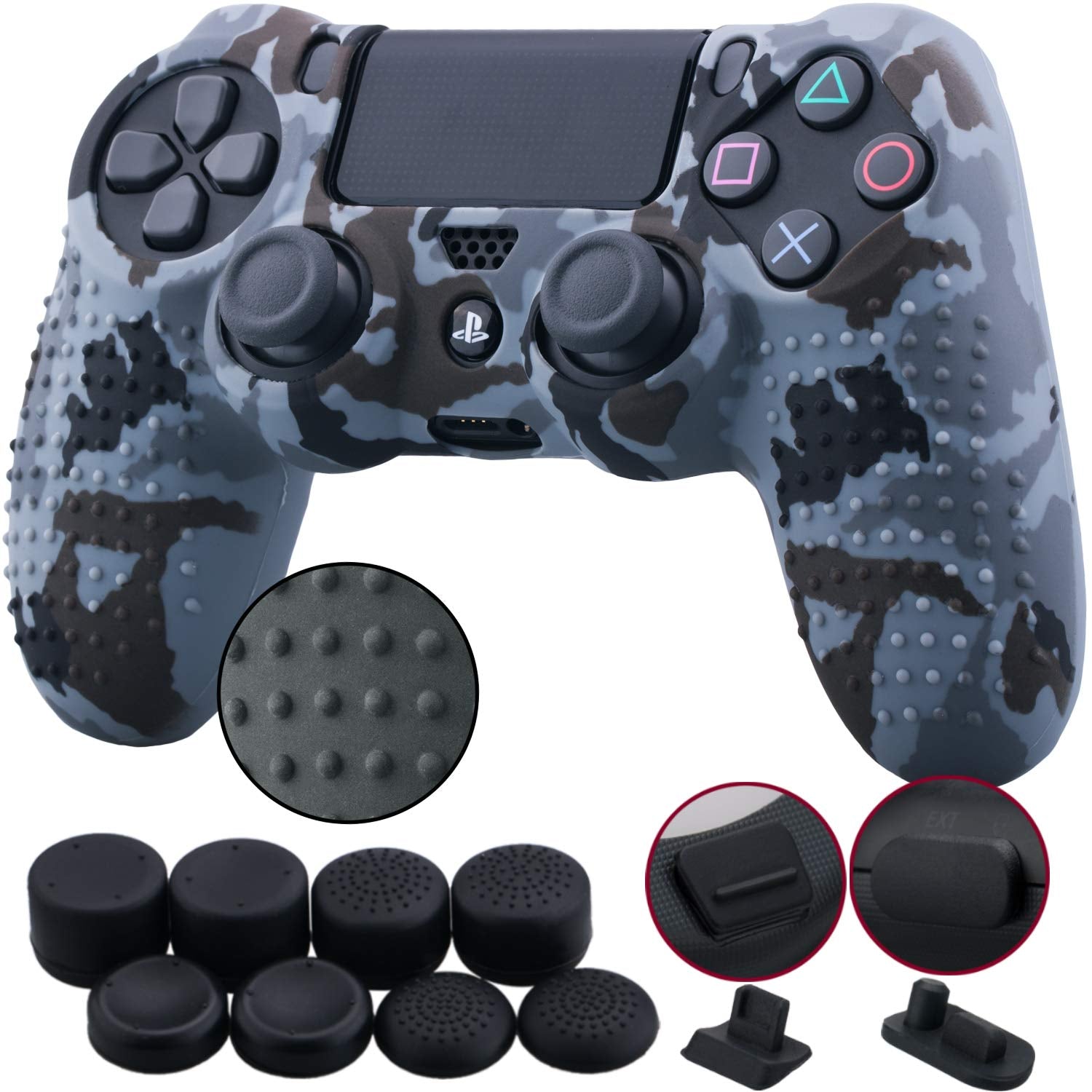 9Cdeer 1 Piece of Silicone Studded Water Transfer Protective Sleeve Case Cover Skin + 8 Thumb Grips Analog Caps + 2 Dust Proof Plugs for Ps4/Slim/Pro Dualshock 4 Controller, Skull Red  9CDeer Grey Camouflage print 