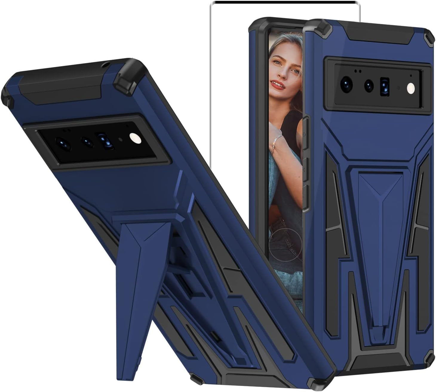 For Pixel 6 Pro Case with Tempered Glass Screen Protector [Support Fingerprint Unlocked] Military Grade Drop Tested Protective Cover with Built-In Magnetic Kickstand for Google Pixel 6 Pro Case -Pink  Leweizz Blue  