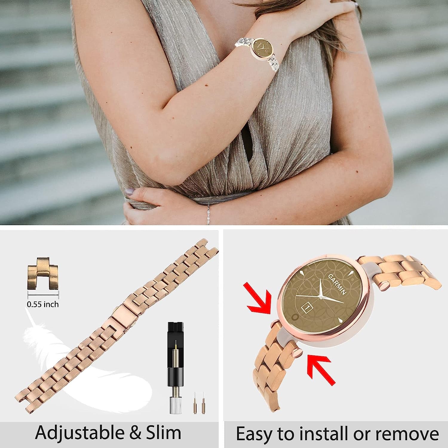 Miimall Metal Watch Band Compatible with Garmin Lily Watch, Stainless Steel Band Adjustable Wristband Replacement Men Women Metal Band Accessories Bracelet Fit for Garmin Lily Smartwatch  Miimall   