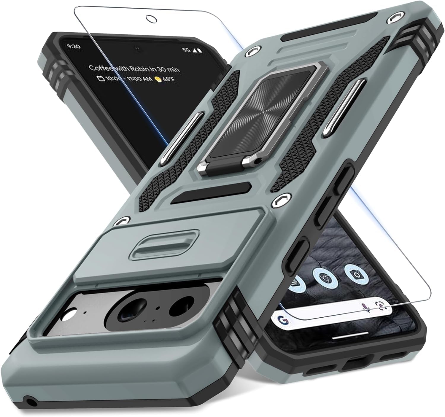 DEERLAMN for Google Pixel 8 Case with Slide Camera Cover+Screen Protector (1 Pack), Rotated Ring Kickstand Military Grade Shockproof Heavy Duty Protective Cover -Navy Blue  DEERLAMN Gray Google Pixel 8 